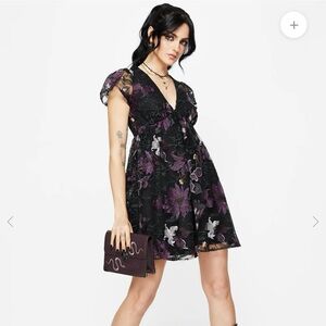 Disturbia Estrid Embroidered Mesh Flute Sleeve Mini Dress